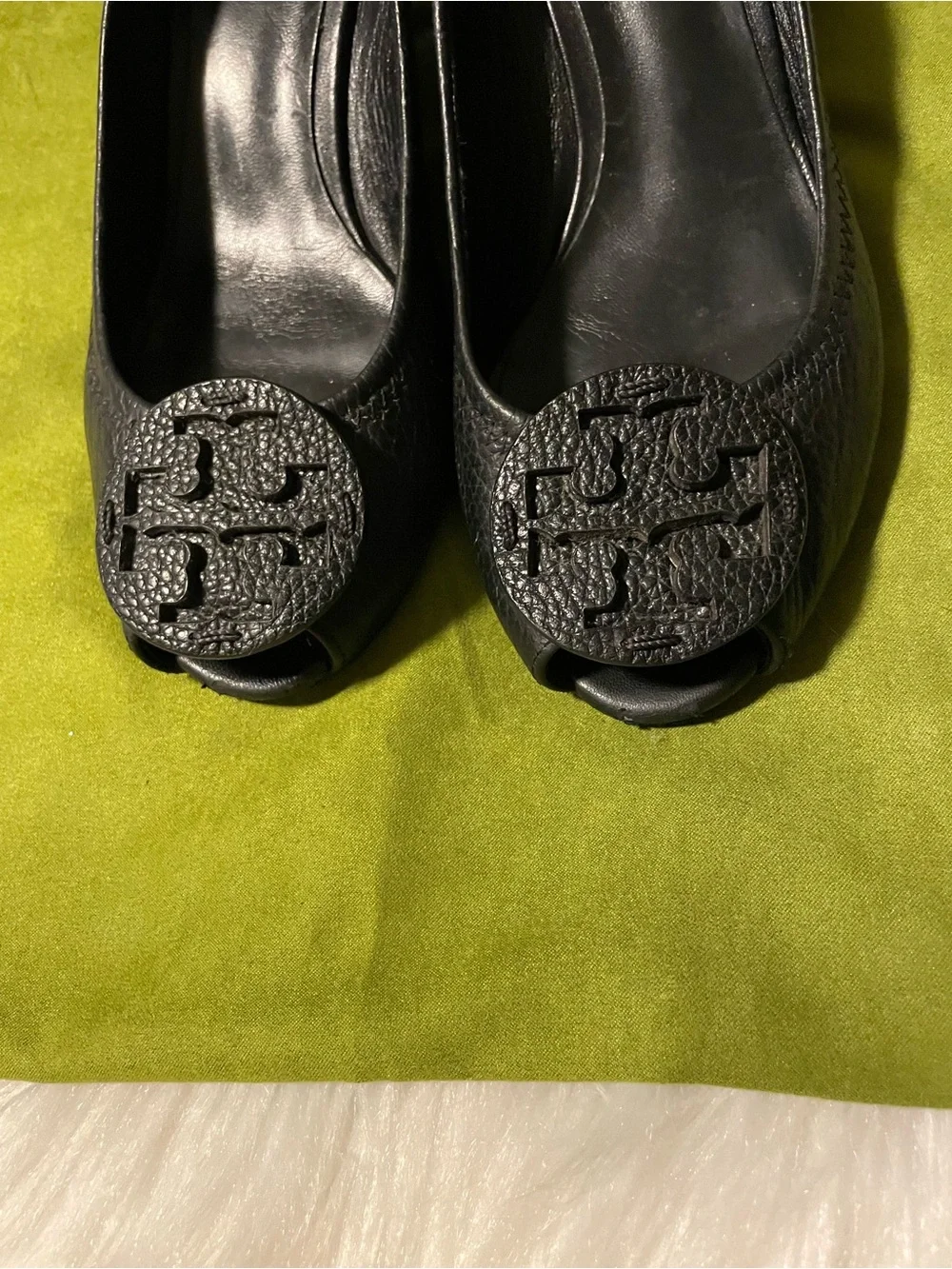 Tory Burch Black Pebbled Very soft Leather Logo Peep-Toe wedge pumps